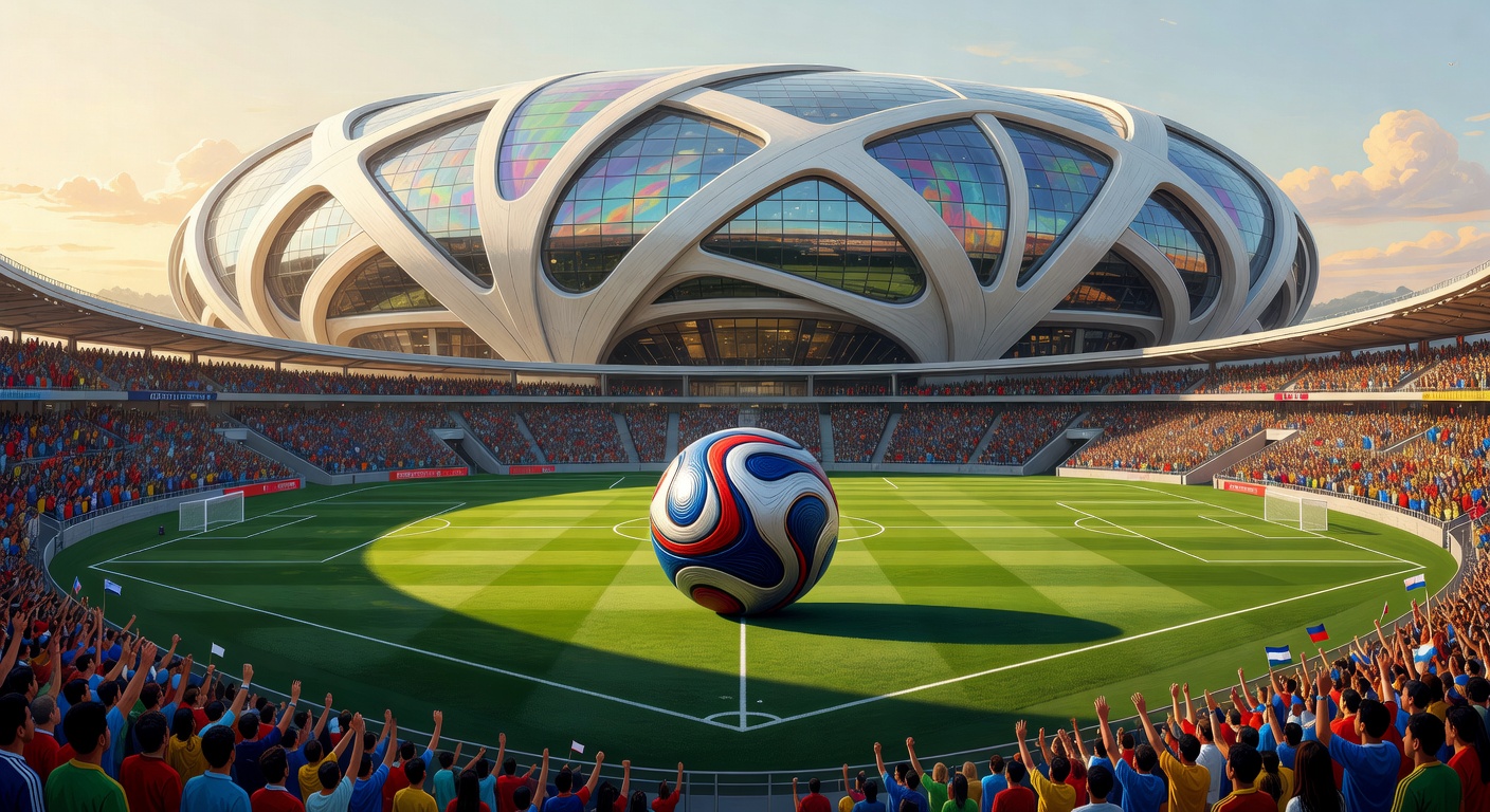 Ilustración de un estadio del Mundial 2026 con el balón sobre el césped